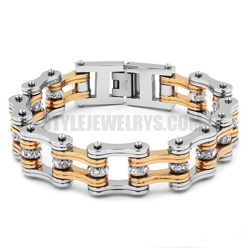 Bling Rhinestone Biker Bracelet Stainless Steel Jewelry Fashion Silver and Gold Bicycle Chain Motor Bracelet SJB0306 - Click Image to Close